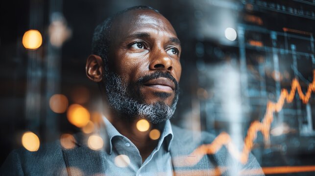 Business executive evaluating predictive growth models using technology