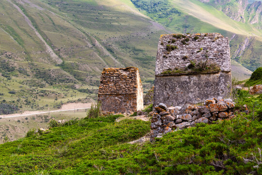 Tombs of City of Dead in village Eltyubyu, necropolis in North Caucasus mountains