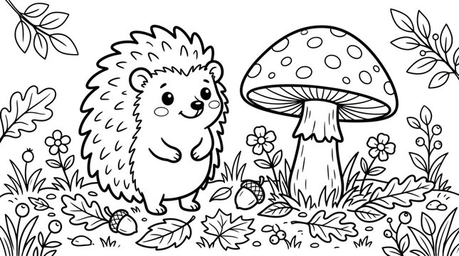 Cute hedgehog standing next to a large mushroom in a forest setting for children coloring book page
