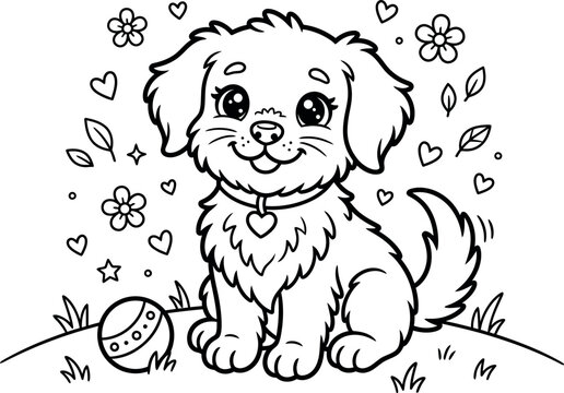 Cute puppy coloring page for kids featuring a small dog sitting with a ball and flowers