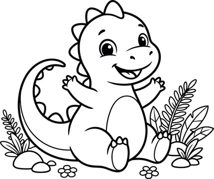 Cute baby dinosaur sitting in the nature for children coloring page illustration with simple lines and details