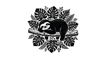 Fototapeta premium Black sloth resting on branch with leaves