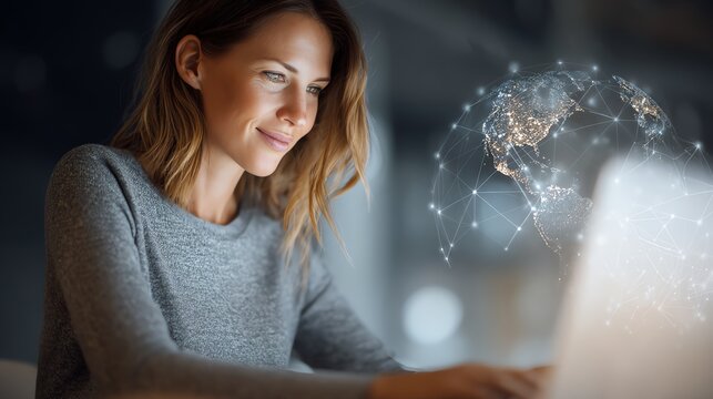 Smile woman working on a laptop with floating customer sentiment analysis dashboards