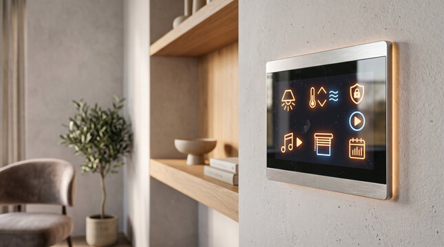 Modern smart home control panel displaying various icons for lighting temperature music security and calendar functions