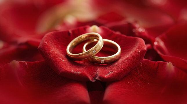 Two elegant gold wedding rings with diamonds resting on vibrant red rose petals symbolizing love and commitment
