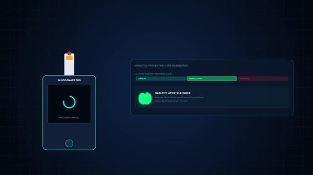 Blood glucose meter analyzing sample and displaying normal reading on screen with diabetes preventive care dashboard in 3D animation