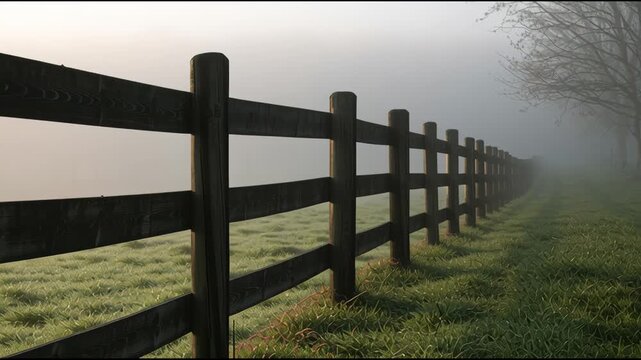 A wooden fence stretches along a grassy field as thick fog surrounds it. Trees are faintly visible in the background.