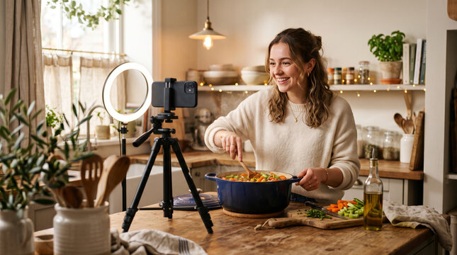 Young woman cooking and filming a recipe video with a ring light and smartphone in a cozy kitchen