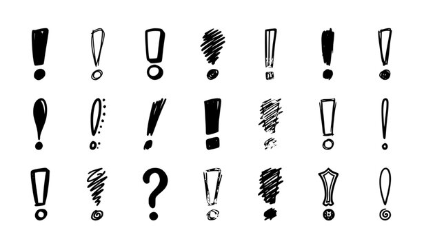 Hand drawn exclamation mark doodle vector set with sketch ink and playful punctuation symbols