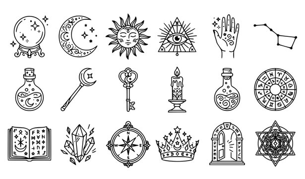 Mystical tarot line icon vector set with crystal ball magic astrology and occult symbols