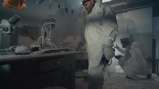 Technician in protective suit collects contaminated sample inside frozen research laboratory, assistant kneels near console, headlamp beam scans icy shelf, vial secured in tray, rapid safety protocol