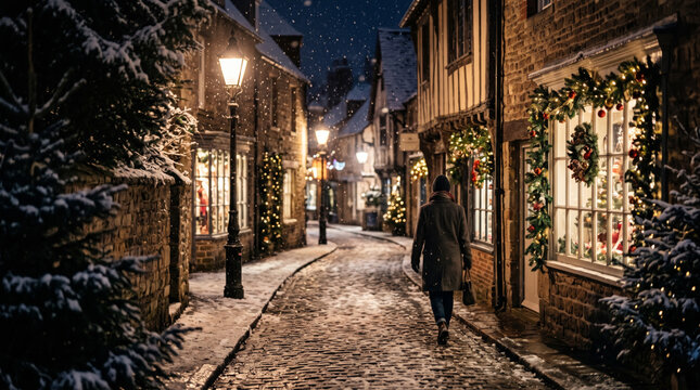 Person walks down a snow covered cobblestone street lined with festive Christmas decorations and lit windows at night