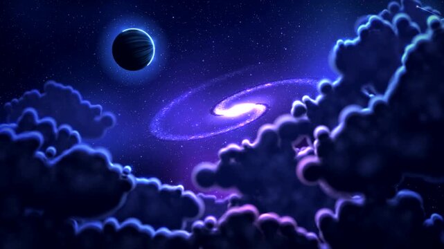 Stylized Space Fantasy with Spiral Galaxy Exoplanet and Fluffy Clouds