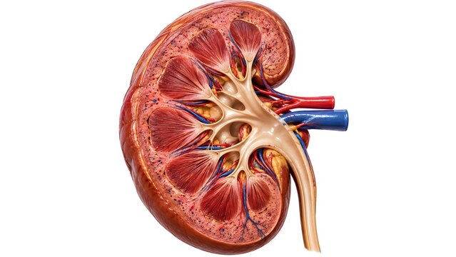 Detailed anatomical illustration of a healthy human kidney showing internal structure, cortex, medulla, renal pelvis, and blood vessels