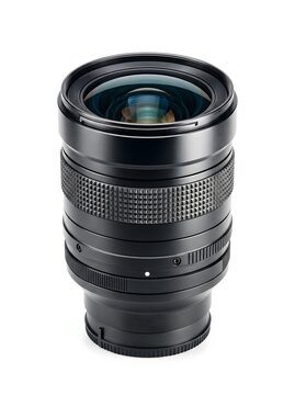 Black professional camera zoom lens isolated on white background. Ideal for photography gear rental websites, camera accessory catalogs, optics reviews, and photographer branding.