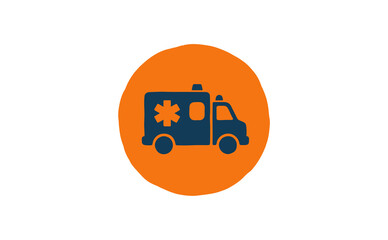 Bold ambulance icon featuring dark blue vehicle on orange circle backdrop © ＰＮＧ・アート