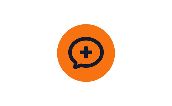 Bold speech bubble with plus symbol inside orange circle icon
