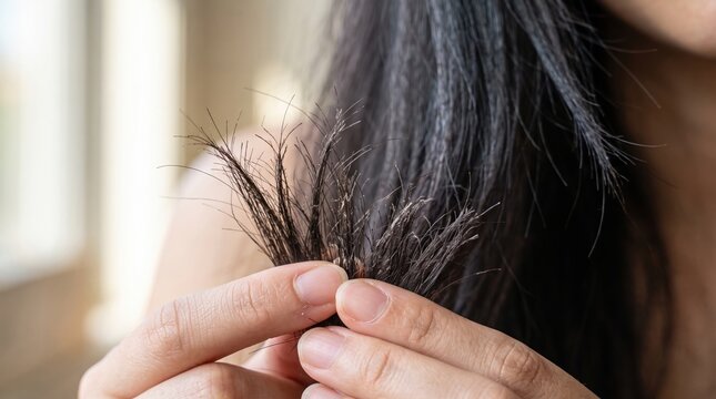 Close up of fingers checking split ends on long dark hair