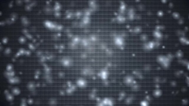 Futuristic glowing white bokeh particles floating on a digital grid monitor screen texture loop