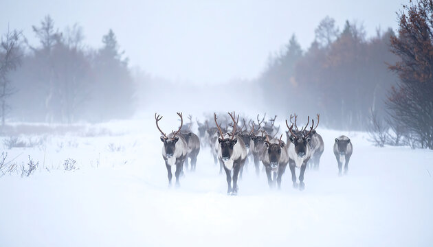 Herd of wild reindeer running through a snowy forest landscape in winter during a blizzard