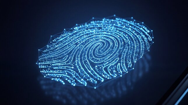 Digital fingerprint scan, biometric identification, abstract glowing blue lines forming a unique identity, cybersecurity and data security concept