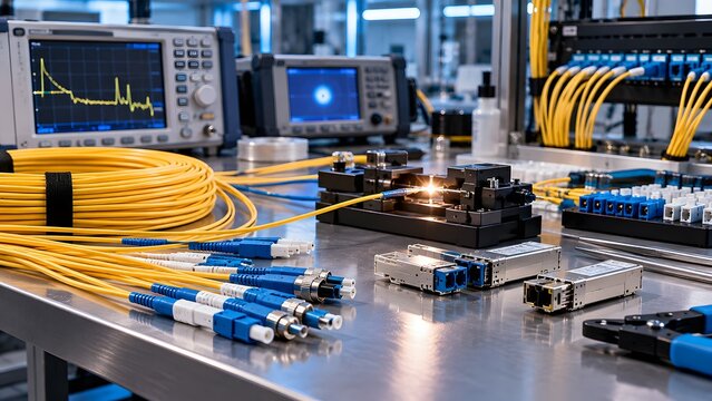 Professional Stock Photo of Fiber Optic Cable Testing Laboratory Bench featuring Yellow Fiber Coils, Fusion Splicer, Digital Oscilloscopes, Patch Panels, and Optical Transceiver Modules