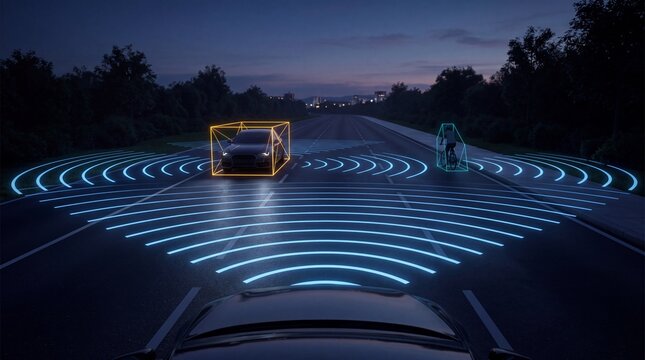Autonomous vehicle sensors detecting surrounding environment and obstacles, including another car and a pedestrian on a dark road at night, symbolizing future driving technology