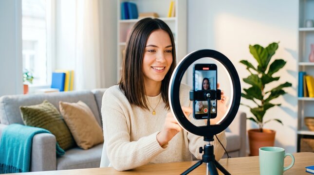 Woman recording a video with smartphone and ring light