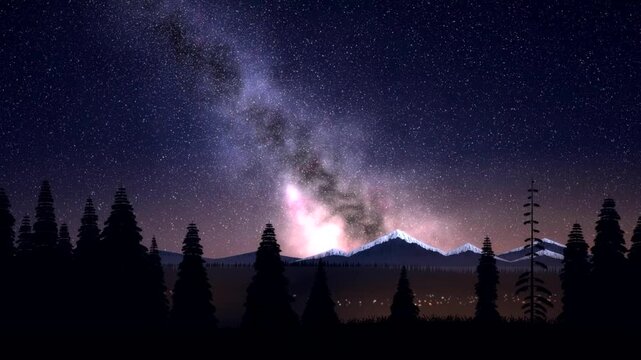 Milky Way Galaxy over Snow Capped Mountains and Silhouette Pine Forest