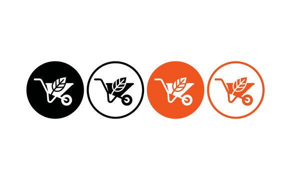 Flat vector wheelbarrow icon set featuring leaf symbol inside circular badges