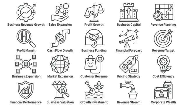 Business revenue planning and financial performance line icon set.