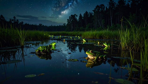Nighttime pond scene with frogs croaking under the starry milky way sky and lush green grass