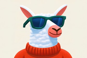 Obraz premium Llama wearing sunglasses and sweater enjoys a sunny day