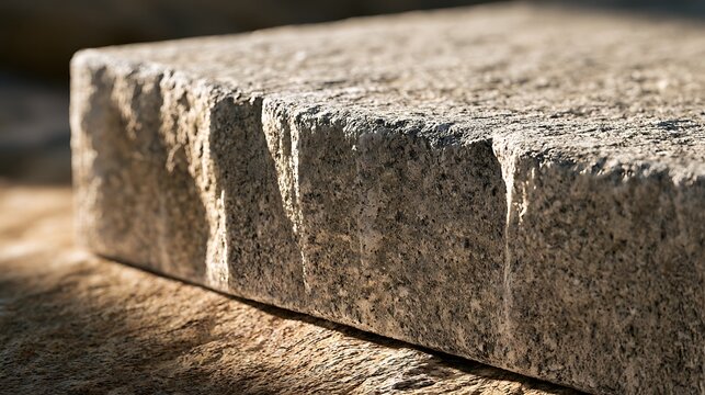 Close up of a rough hewn granite stone block edge.