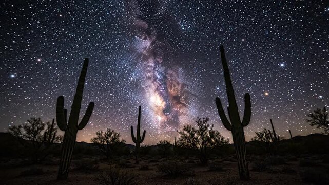 Saguaro Cacti Silhouetted Against a Starry Night Sky and the Milky Way in Arizona