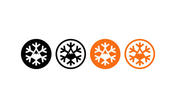 Graphic snowflake and mountain icons in orange and black circular stamps