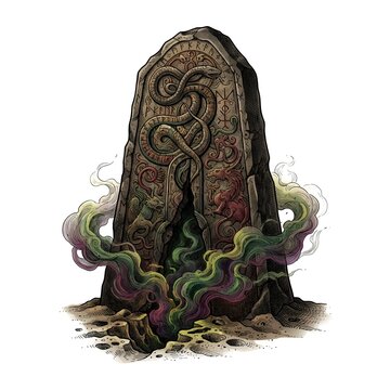 Ancient runestone with carved serpent, runes, and magical smoke illustration