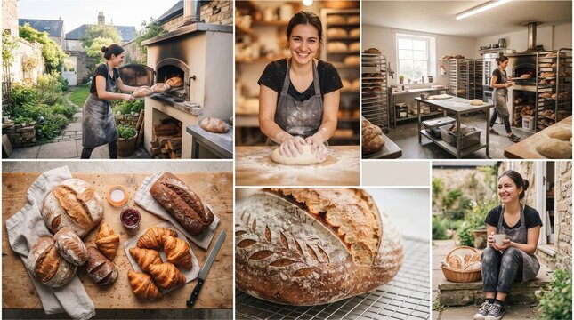 Artisan Bakery Collage &ndash; Woman Baking Fresh Sourdough Bread and Croissants