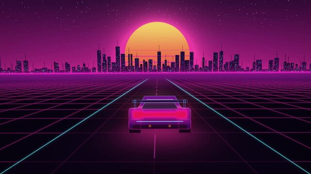 Synthwave retro sports car driving on grid road, 80s outrun style futuristic cyber city skyline, neon purple sunset background loop