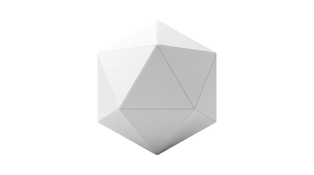 Minimalist white geometric icosahedron object, modern 3D white polyhedron polygon, clean geometric structure for abstract design composition isolated PNG with Transparent Background