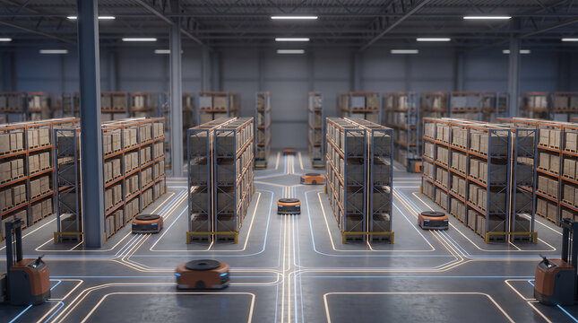 Automated warehouse facility with autonomous robots, modern smart logistics fulfillment center, high tech industrial distribution depot