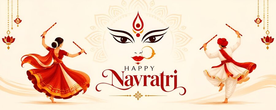 Happy navratri festive greeting card illustration with garba dancers