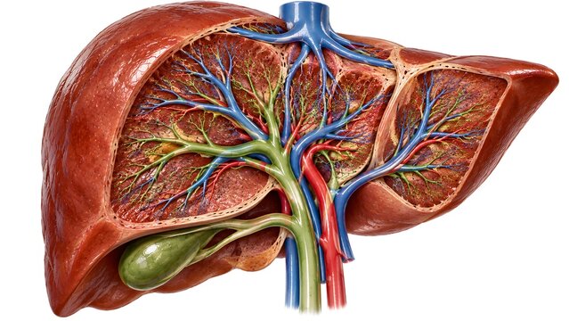 Detailed medical illustration of the human liver showing internal blood vessels, hepatic portal vein, bile duct, and gallbladder anatomy