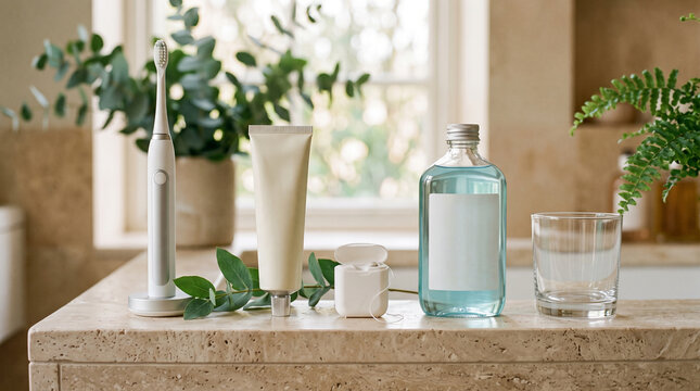 dental care products with electric toothbrush toothpaste and mouthwash on a marble countertop