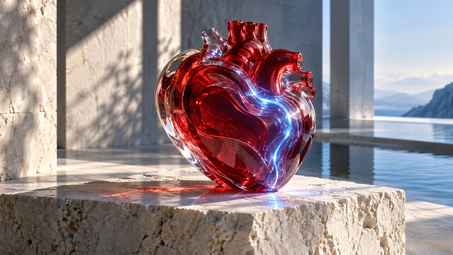 Red glass anatomical heart sculpture on a stone block by the sea