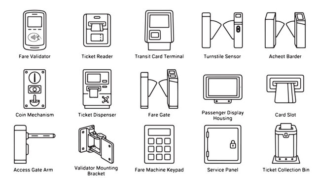 Public transport ticket collection system and fare gate access control line icons set