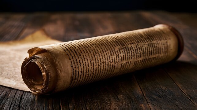 An ancient scroll with Hebrew text rests on a dark wooden surface  illuminated by warm  focused lighting