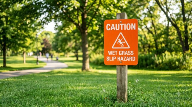A close up view of an orange caution sign warning about a wet grass slip hazard in a park highlights a minor disaster risk for visitors enjoying the green surroundings in summer
