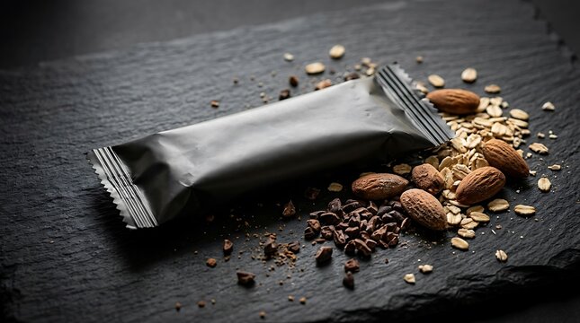 Healthy nut and grain energy bar in a black wrapper with almond seeds on a dark textured stone table. protein snack wrapper