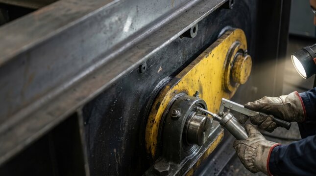 Industrial mechanic lubricating machine bearing with grease gun